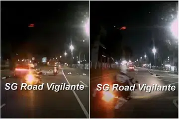 Rakaman kamera papan pemuka menunjukkan anggota polis trafik bermotosikal didakwa menunggang tanpa langkah berjaga-jaga yang sewajarnya di sepanjang Ubi Avenue 3.
