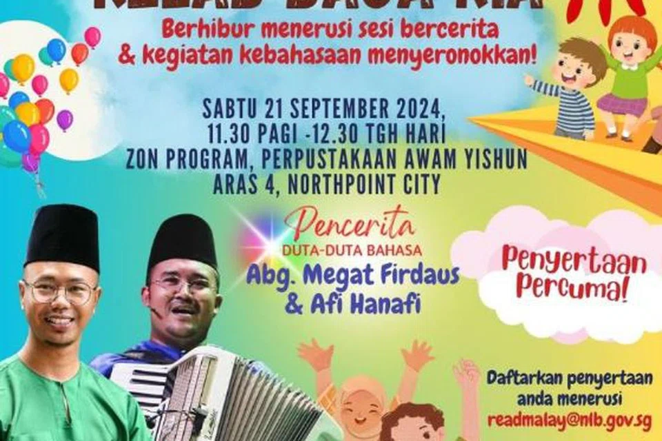 Sesi bercerita kanak-kanak akan diadakan di Perpustakaan Awam Yishun pada 21 September sempena Bulan Bahasa 2024.