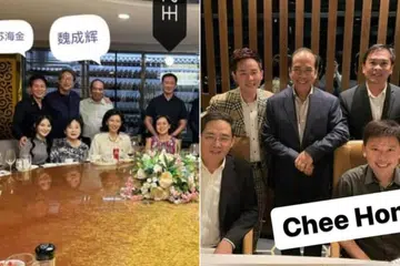 Gambar menunjukkan Menteri Kesihatan, Encik Ong Ye Kung (gambar kiri, berdiri, kanan), dan Menteri Pengangkutan, Encik Chee Hong Tat (gambar kanan, duduk, kanan), menghadiri majlis makan malam yang turut dihadiri Su Haijin (berdiri di kiri dalam kededua gambar). Encik Ong dan Encik Chee berkata mereka tidak mengenali Su secara peribadi, dan tidak mempunyai apa-apa hubungan dengannya sebelum dan selepas makan malam itu.