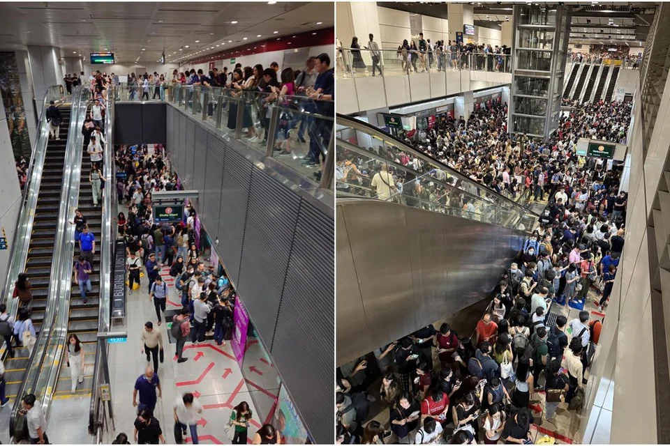 Gambar yang dimuat naik warganet menunjukkan keadaan platform yang sesak di stesen Dhoby Ghaut, Serangoon dan Buona Vista.