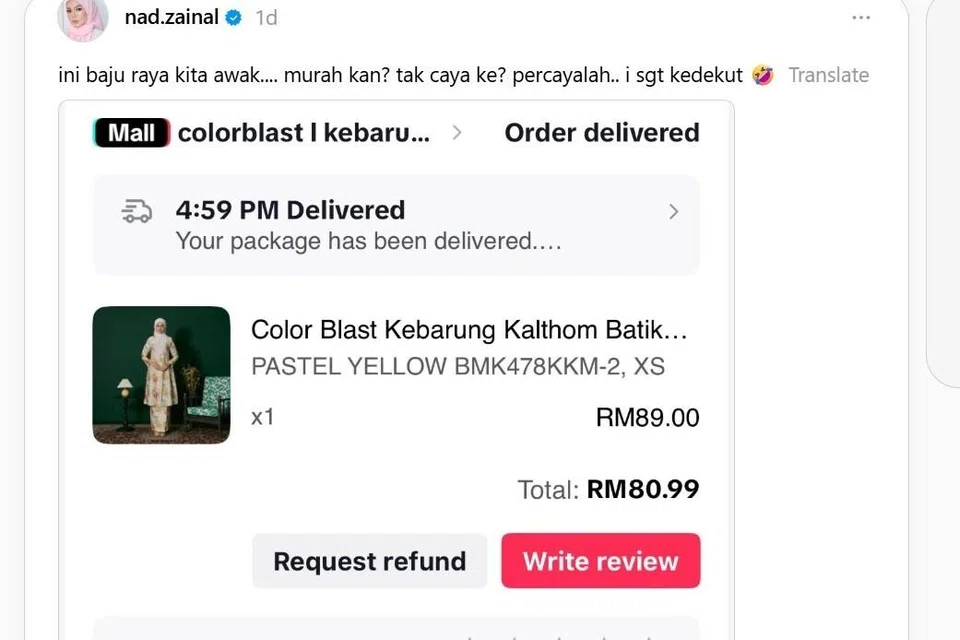 Menerusi wadah Threads, Nad Zainal dilihat memilih kebarung dalam rona warna kuning lembut dan dibeli menerusi wadah TikTok.  