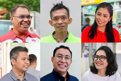 Antara calon-calon yang dilihat dan disebut bakal bertanding di GE2025 adalah (mengikut putaran jam, dari kiri, atas) Encik Sani Ismail dari Parti Kemajuan Singapura (PSP); Encik Muhammad Faizal Mohmad dari Perikatan Demokratik Singapura (SDA); Cik Surayah Akbar dari Parti Demokratik Singapura (SDP); Cik Hazlina Abdul Halim dari Parti Tindakan Rakyat (PAP); Dr Syed Alwi Ahmad dari Titik Merah Bersatu (RDU); dan Encik Abdul Muhaimin Abdul Malik dari Parti Pekerja (WP).