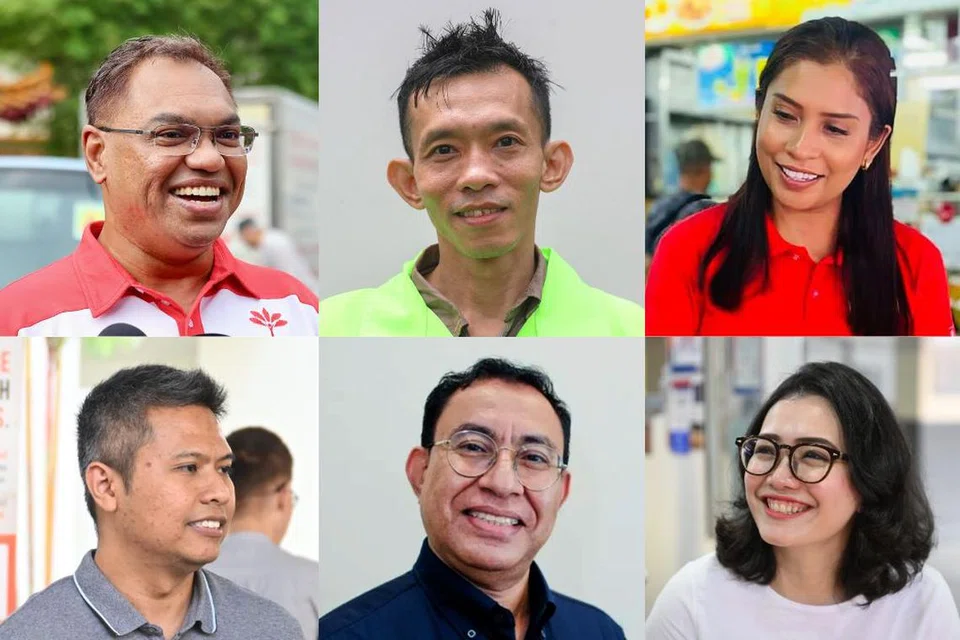 Antara calon-calon yang dilihat dan disebut bakal bertanding di GE2025 adalah (mengikut putaran jam, dari kiri, atas) Encik Sani Ismail dari Parti Kemajuan Singapura (PSP); Encik Muhammad Faizal Mohmad dari Perikatan Demokratik Singapura (SDA); Cik Surayah Akbar dari Parti Demokratik Singapura (SDP); Cik Hazlina Abdul Halim dari Parti Tindakan Rakyat (PAP); Dr Syed Alwi Ahmad dari Titik Merah Bersatu (RDU); dan Encik Abdul Muhaimin Abdul Malik dari Parti Pekerja (WP).