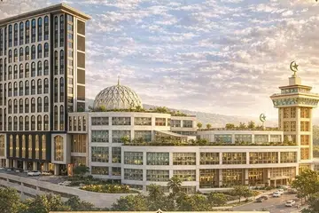 Gambar ilustrasi Masjid Jabal Arafah bersama kemudahan bersepadunya, termasuk bangunan tertinggi (kiri) di kawasan pusat perniagaan Nagoya, Bandar Batam, wilayah Kepulauan Riau, seperti yang dikeluarkan oleh Yayasan Arafah Batam pada 21 Mac 2026. 