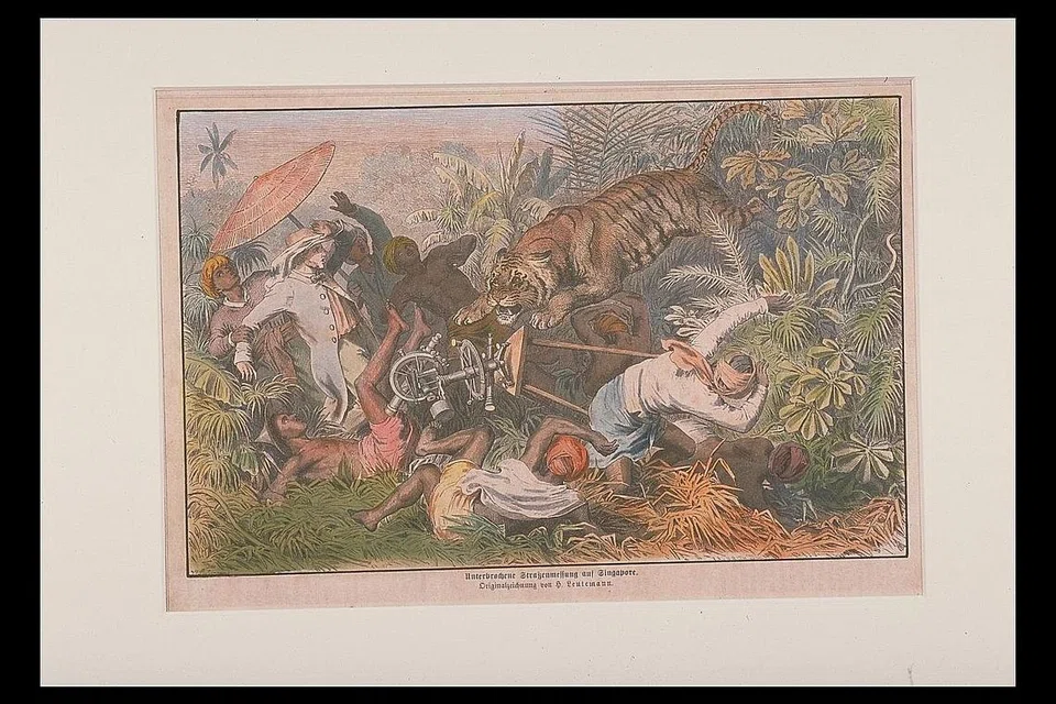 SERANGAN HARIMAU: Lukisan bertajuk 'De Tigernood Te Singapore' oleh Heinrich Leutemann yang menggambarkan peristiwa seorang juruukur Inggeris bernama G.D. Coleman ketika diserang seekor harimau semasa melakukan satu ekspedisi. - Foto NATIONAL MUSEUM OF SINGAPORE