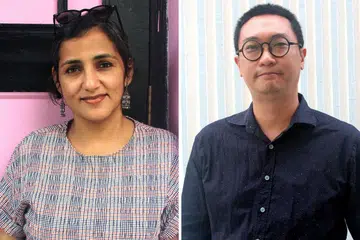 (Gambar kiri) PENARI ODISSI: Cik Raka Maitra (Gambar kanan) ARTIS-KURATOR: Encik Woon Tien Wei - Foto-foto THE SUBSTATION