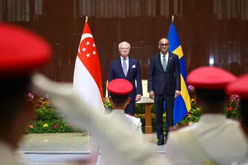 Lawatan Negara oleh Raja Carl XVI Gustaf dari Sweden ke Singapura di Bangunan Parlimen bersama Presiden Tharman Shanmugaratnam.