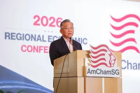 Timbalan Perdana Menteri merangkap Menteri Perdagangan dan Perusahaan (Perdagangan), Encik Gan Kim Yong, menyampaikan ucaptama pada Persidangan Ekonomi Serantau 2026 yang dianjurkan Dewan Perniagaan Amerika di Singapura (AmChamSG) pada 8 September.
