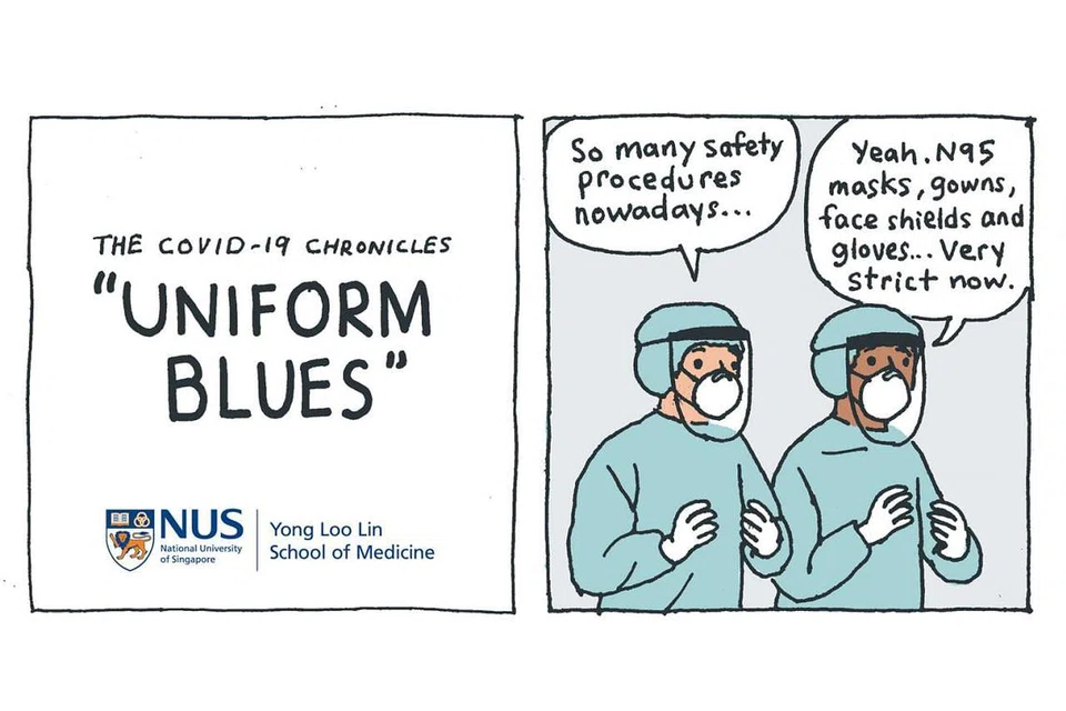 KISAH-KISAH COVID-19: (Kiri) "RAGAM SERAGAM" (Kanan) - Banyaknya prosedur keselamatan sekarang... - Yalah, N95, pelitup, gaun, pelindung muka dan sarung tangan... amat ketat sekarang.