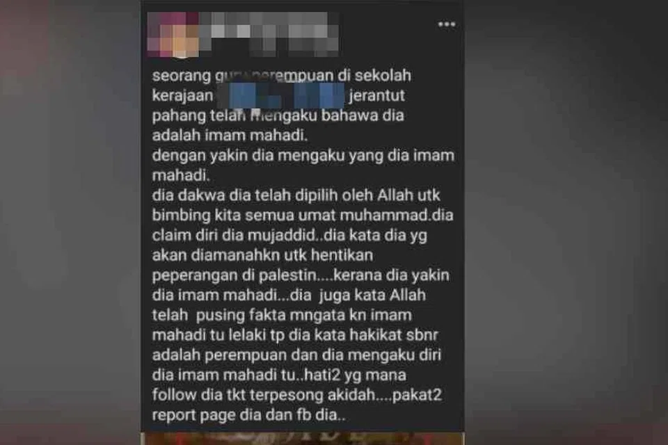 Dakwaan seorang guru wanita bahawa dirinya adalah Imam Mahdi tular di Facebook.