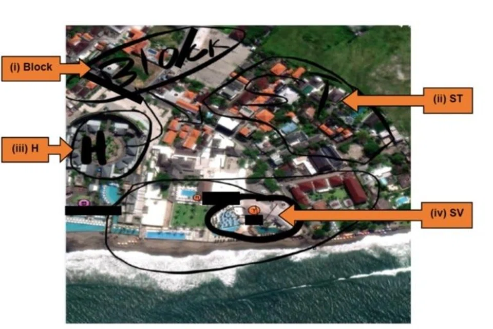 Meraih inspirasi daripada pengeboman Bali daripada dokumentari dalam talian, remaja itu telah merangka serangan olok-olok (mock-up) yang menyasarkan kelab malam secara rawak di Bali, menggunakan peta yang telah dimuat turun dalam talian. Menurut remaja itu, singkatan pada serangan olok-olok mewakili Block iaitu sekatan untuk menghalang kemasukan dan keluar entiti tentera dan awam; ST (kubu kuat) iaitu pusat operasi utama untuk pejuang berkumpul dan berkumpul semula selepas serangan; H (Tebusan) iaitu lokasi untuk menahan tebusan hidup; dan SV (Ves bunuh diri) iaitu lokasi kelab malam untuk menjalankan pengeboman berani mati.