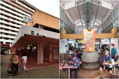 (kiri) Pusat makanan dan pasar Haig Road, dan (kanan) Pasar Chong Pang ditutup sehingga 4 Ogos selepas 35 kes Covid-19 dikesan. 