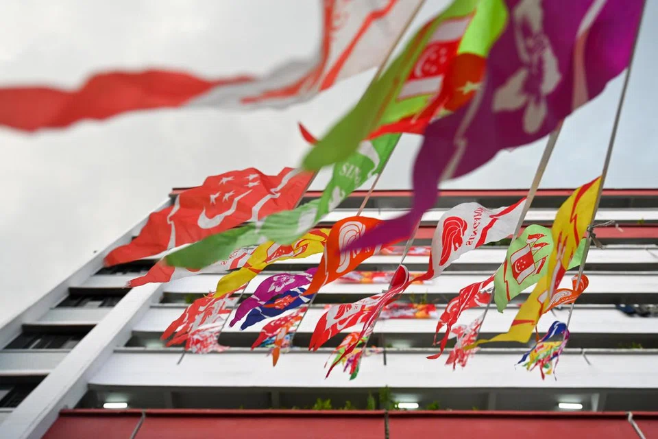 PELBAGAI BENTUK DAN WARNA: Pelbagai bentuk bendera Singapura menghiasi kawasan sekitar Blok 102 Woodlands Street 13. 
