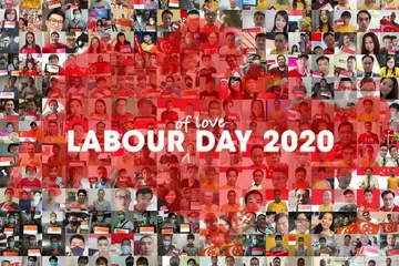 Gain City mengumpulkan 800 gambar pekerjanya dengan bendera Singapura sebagai penghargaan sempena Hari Pekerja.