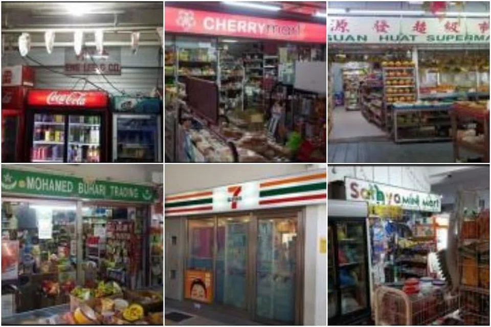 DIBATAL, DIGANTUNG LESEN: (Atas, dari kiri) Eng Lee & Co, Hla Lay New, Kee Guan Huat Supermarket, (bawah, dari kiri) Mohamed Buhari Trading, 7-Eleven di stesen MRT Simei dan Sathya Mini Mart dibatal atau digantung lesen mereka kerana jual rokok kepada pembeli bawah umur.