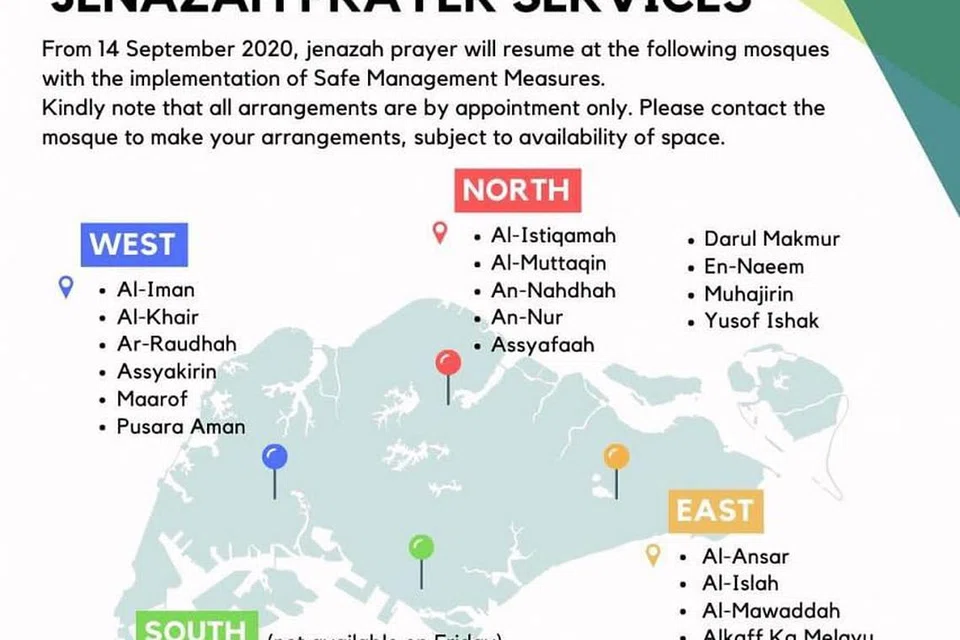 SENARAI MASJID: Inilah senarai masjid yang menyediakan khidmat solat jenazah mulai 14 September. - Foto MUIS 