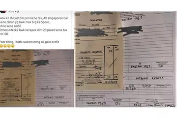 SALAH FAHAM: (Gambar kiri) Kiriman media sosial Cik Ayda Suet yang ditularkan di laman Facebook memberi gambaran seolah-olah Kastam Johor mengenakan cukai ke atas barangan yang dibawa pemandu dan penumpang kereta ketika melintasi Koswe Johor sedangkan resit rasmi (gambar kanan) menunjukkan kompaun dikenakan ke atas beliau kerana gagal mengisytiharkan barang dagangan - lima kotak kertas dinding yang dibawanya. Jabatan Kastam Diraja Malaysia menyatakan Cik Ayda dikenakan kompaun RM50 ($16.50). - Foto FACEBOOK AYDA SUET dan SAINI SALLEH