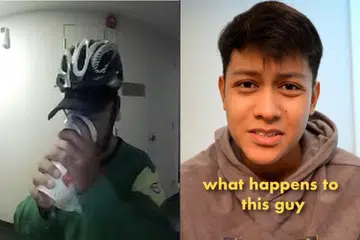 PENGALAMAN BURUK: Pengguna TikTok menceritakan pengalamannya bahawa penghantar makanan Grab (kiri) meminum Milo beliau sebelum memberikan minuman itu kepadanya.