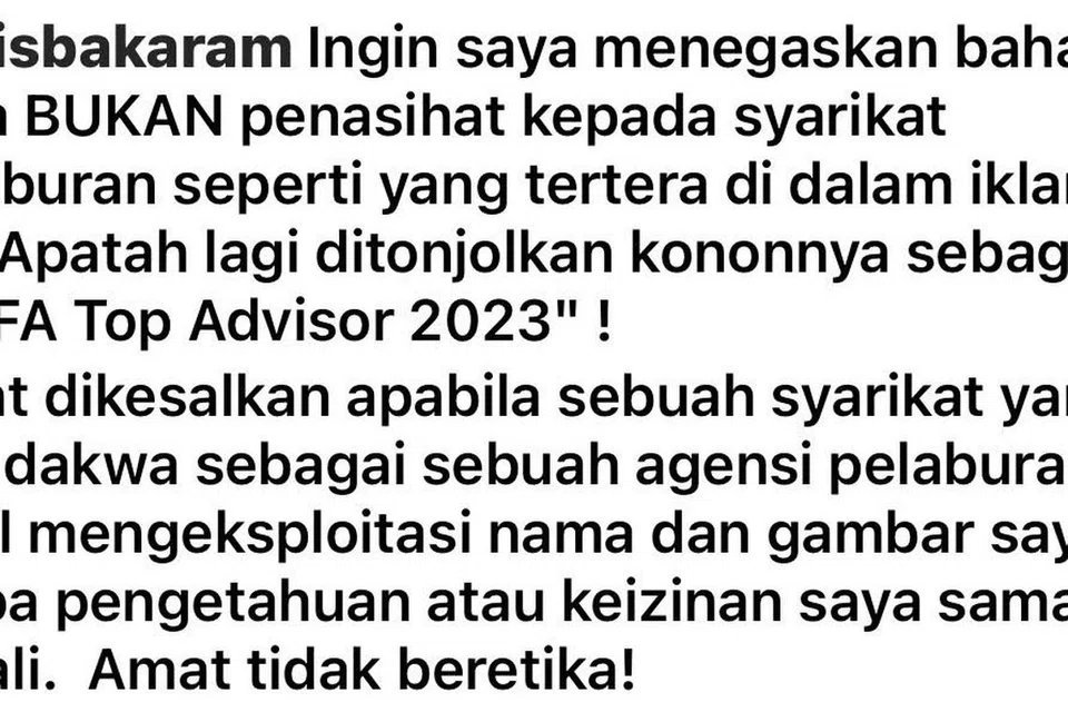 TIDAK BERETIKA: Dr Fatris Bakaram menyifatkan perbuatan menggunakan nama dan fotonya untuk iklan pelaburan tanpa izinnya sebagai tidak beretika.