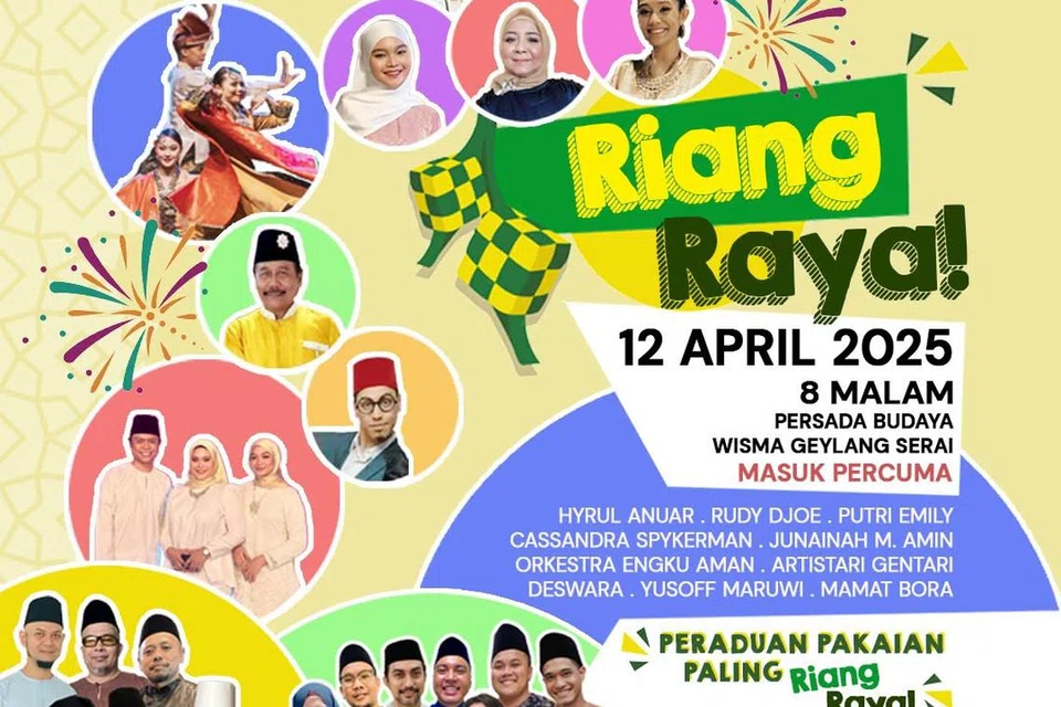 Acara Riang Raya! di Wisma Geylang Serai akan menampilkan artis tempatan dan persembahan oleh Orkestra Engku Aman serta kumpulan tarian Deswara.