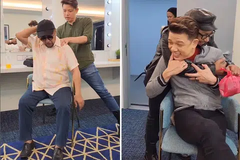 PERSAHABATAN AKRAB: Hady Mirza kelihatan memicit tengkuk Ayai Illusi (kiri) dan Ayai kelihatan memeluk Hady di bilik solekan.