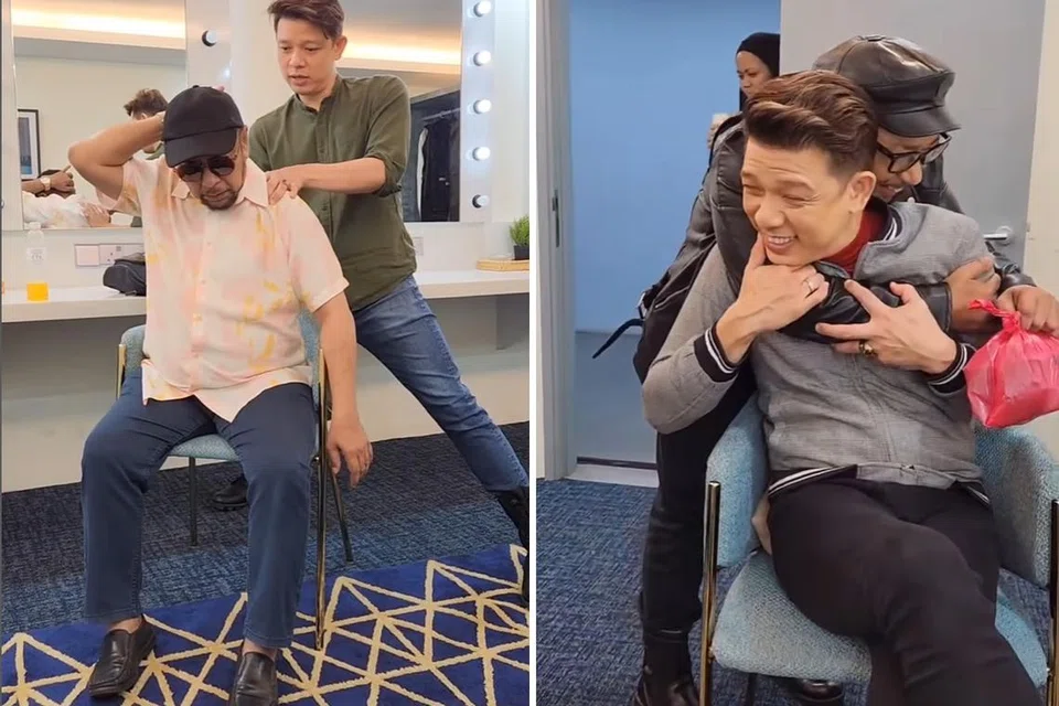 PERSAHABATAN AKRAB: Hady Mirza kelihatan memicit tengkuk Ayai Illusi (kiri) dan Ayai kelihatan memeluk Hady di bilik solekan.