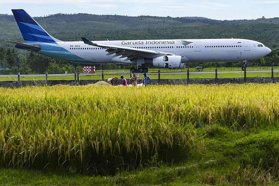 INDUSTRI PERTANIAN: Sebuah pesawat syarikat penerbangan Indonesia, Garuda mendarat di tepi sawah padi di Banda Aceh. Sebahagian besar warga Indonesia masih bergantung kepada industri pertanian. - Foto AFP