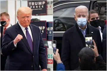 SIAPA DI HADAPAN?: Encik Donald Trump (kiri) dalam kunjungan ke pejabat-pejabat Jawatankuasa Nasional Republikan manakala Encik Joe Biden pula sedang menyampaikan ucapannya kepada penduduk di Wilmington, Delaware. - Foto EPA-EFE/AFP 
