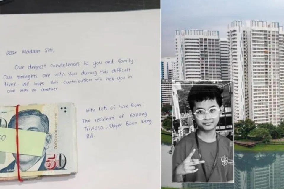 Jumlah sumbangan $6,000 yang dikumpulkan penduduk Kallang Trivista dalam tempoh empat jam, bersama foto Allahyarham Muhammad Qayyim Daniel Putra Rosli, 13 tahun, yang lemas di Sungai Kallang.