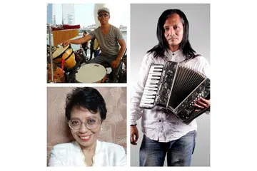 PERJUANGAN TANPA HENTI: Pengarah Festival Gemadah, Encik Ariffin Abdullah (kanan) menyatukan penggiat seni seperti pakar rebana, Encik Qamar Baba (petak atas, kiri), yang kini bermastautin di Australia dan Ratu Angklung, Cik Faridah Jamal, agar mereka dapat sama-sama melestarikan muzik tradisional Melayu. - Foto-foto ESPLANADE-TEATER DI PERSISIRAN