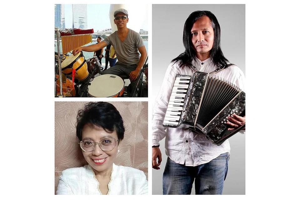 PERJUANGAN TANPA HENTI: Pengarah Festival Gemadah, Encik Ariffin Abdullah (kanan) menyatukan penggiat seni seperti pakar rebana, Encik Qamar Baba (petak atas, kiri), yang kini bermastautin di Australia dan Ratu Angklung, Cik Faridah Jamal, agar mereka dapat sama-sama melestarikan muzik tradisional Melayu. - Foto-foto ESPLANADE-TEATER DI PERSISIRAN