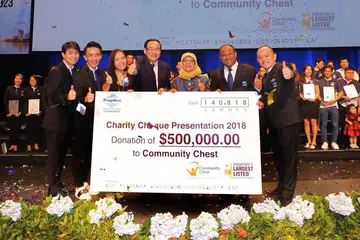 DERMA: Presiden Halimah Yacob (tiga dari kanan) bersama Pengerusi Dana Masyarakat Encik Phillip Tan (empat dari kanan), Encik Ismail Gafoor (dua dari kanan) dan beberapa kakitangan kanan Propnex di majlis penyampaian cek yang menandakan sumbangan derma $500,000 firma itu kepada Dana Masyarakat. - Foto PROPNEX