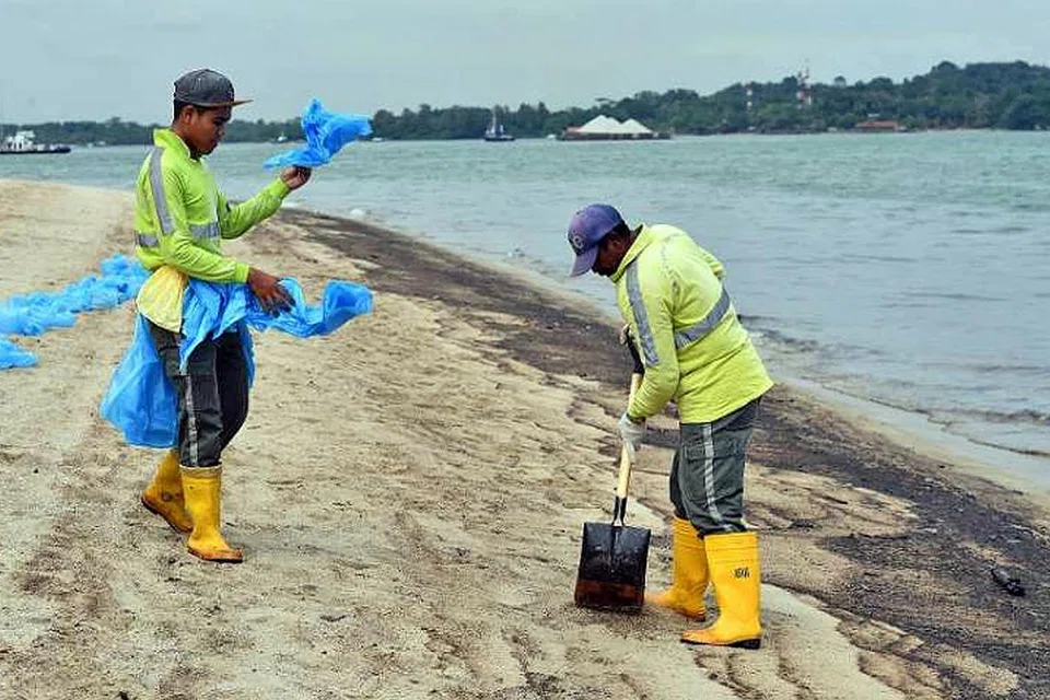 KERJA PEMBERSIHAN DIJALANKAN: Kakitangan daripada Agensi Sekitaran Kebangsaan (NEA) sedang membersihkan kawasan pantai Changi yang tercemar dengan minyak akibat pertembungan dua kapal kontena yang berlaku Selasa lalu di perairan Pelabuhan Pasir Gudang, Johor. - Foto THE STRAITS TIMES