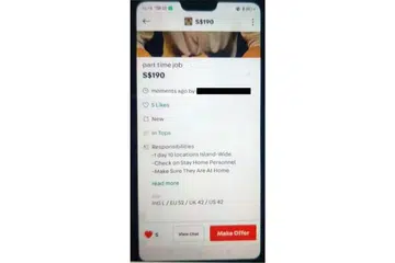 IKLAN KERJA PALSU DI MEDIA SOSIAL: Mereka yang didapati bersalah membantu dalam urusan pinjaman wang haram boleh didenda antara $30,000 hingga $300,000, dipenjara hingga empat tahun, dan dirotan hingga enam kali. - Foto PASUKAN POLIS SINGAPURA