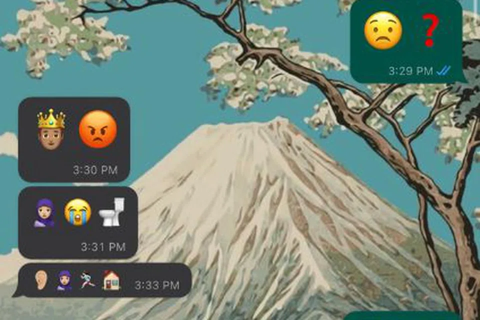 CUBA TEKA: Wartawan Siti Aisyah Nordin dan Nur Fathin Awalludin cuba berbual dalam ‘bahasa’ emoji di WhatsApp. Nak tahu apa yang kami katakan? 
(Kandungan perbualan ini hanya rekaan semata-mata) 

F: Eh tolong! 
A: Alamak kenapa? 
F: Bos marah. Kawan kita nangis di tandas. Dengar dia nak balik lepas ini. 
A: Alamak! Nak belikan dia ‘bubble tea’? 
F: Boleh, nak pesan dalam talian? 
A: Betul, nak ‘bubble tea’ apa? Nak kek sekali? 
F: Ok, ‘Honey Green Tea’, kek Coklat Cherry. 
A: Nak kek perisa strawberi pisang? 
F: Baik! 
A: Nak balik jam berapa? 
F: Tak tau lagi, masih ada kerja. Awak? 
A: Tak tau juga, kerja masih banyak. 
F: Nak cari rezeki...