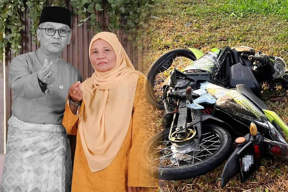 Gambar kenangan Allahyarham Hamzah Bujang, bersama isterinya, Cik Zaleha Mohamed. Foto kanan pula merupakan motosikal yang ditunggang Allahyarham Hamzah selepas kejadian di Jalan Muar-Batu Pahat, Parit Bajuri, pada 11 Mei.
