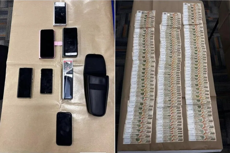 DIRAMPAS POLIS: Wang tunai dan peranti elektronik di antara barang-barang yang telah dirampas pihak polis.