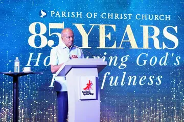 Menteri Penyelaras bagi Keselamatan Negara merangkap Menteri Ehwal Dalam Negeri, Encik K. Shanmugam, berucap semasa majlis jamuan malam sempena ulang tahun ke-85 gereja Parish of Christ Church.