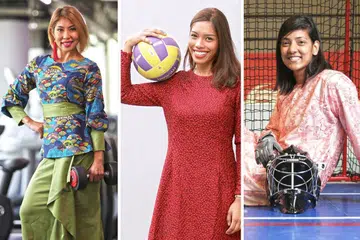 (Dari kiri) ATLIT BINA BADAN: FARAH BEE, PEMAIN BOLA JARING: AQILAH ANDIN dan PEMAIN FLOORBALL: FARIZA BEGUM