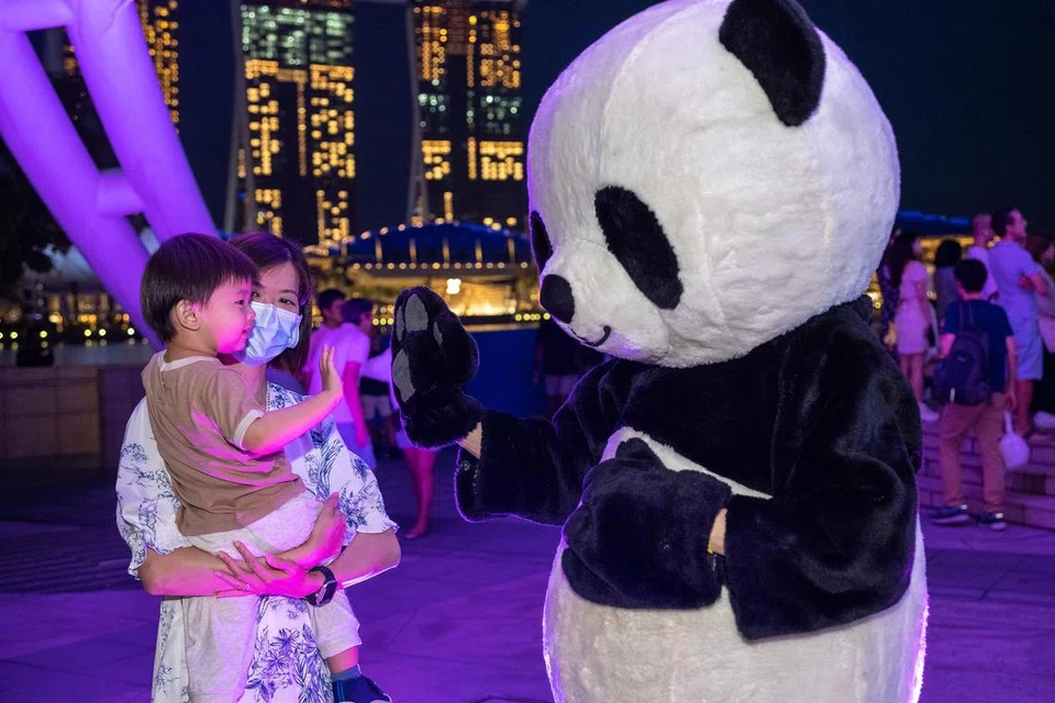 Kanak-kanak boleh bergambar dengan maskot Panda WWF di Festival Earth Hour anjuran Dana Kehidupan Liar Sedunia (WWF) Singapura pada 23 Mac. 
