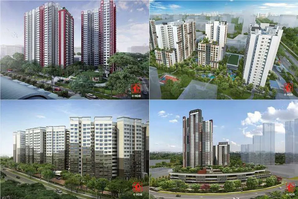 Projek BTO baru (mengikut arah jam dari kiri atas) Ang Mo Kio Court, Bedok North Woods, Bukit Panjang Senja Heights dan Sembawang Timur Creek @ Canberra. 