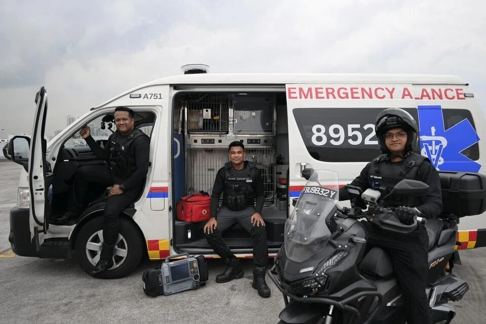 Pasukan Royal Animal Rescue, yang terdiri daripada dua bekas pegawai Pasukan Pertahanan Awam Singapura (SCDF), (dari kiri) Sarjan Mohamad Zaidi Zainal, dan Sarjan Mohamed Azhar Mohamed Ali, serta pengasas syarikat, Kapten Benjamin Burke, berusaha menyediakan perkhidmatan ambulans segera untuk haiwan dalam kecemasan.