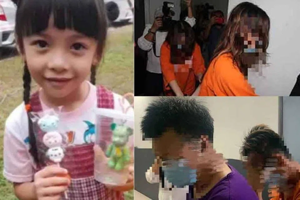 Kanak-kanak enam tahun, Albertine Leo Jia Hui (kiri) ditemui disembunyikan di sebuah hotel murah di Batang Kali, Selangor. (Gambar atas kanan) Empat suspek kes penculikan direman empat hari. (Gambar bawah) Seorang lagi suspek yang berada bersama mangsa di Batang Kali dibawa ke Johor Bahru untuk direman. 