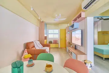 flat HDB pastel, dekorasi rumah, ceria, warna-warni, inspirasi reka bentuk dalaman