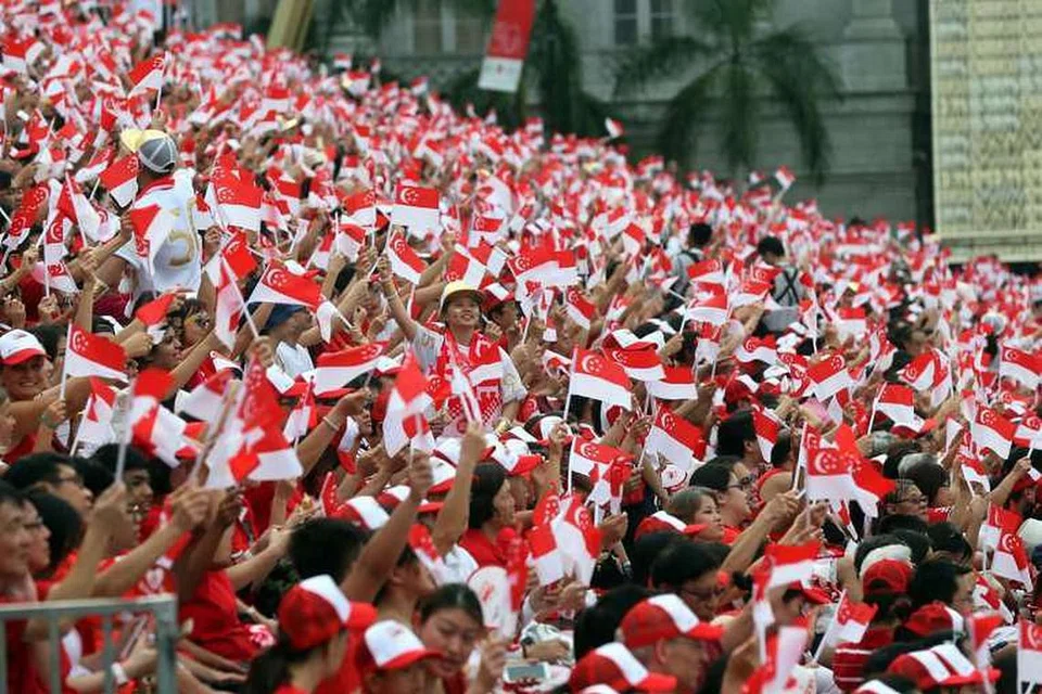 Penonton mengibarkan bendera mini Singapura semasa Perbarisan Hari Kebangsaan (NDP) Jubli Emas di Padang pada 9 Ogos 2015. 