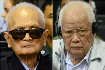 Nuon Chea (kiri) dan Khieu Samphan juga sedang menjalani perbicaraan kedua bagi genosid ke atas kaum minoriti Vietnam dan Muslim, perkahwinan paksa dan rogol. 