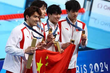 Pasukan renang China (dari kiri) Xu Jiayu, Qin Haiyang, Sun Jiajun dan Pan Zhanle meraih pingat emas di Sukan Olimpik Paris baru-baru ini.