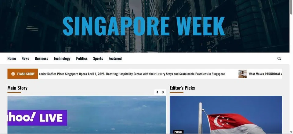 Laman web singaporeweek.com mempunyai ciri teks bergerak berita agar menyerupai laman web berita utama. 