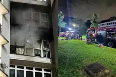 AWAL PAGI: Sebuah flat di Blok 392 Bukit Batok West Avenue 5 dilaporkan terbakar sekitar 3.45 pagi pada Jumaat (kiri), dan sebanyak tiga kereta  bomba dilihat di tempat kejadian (kanan).