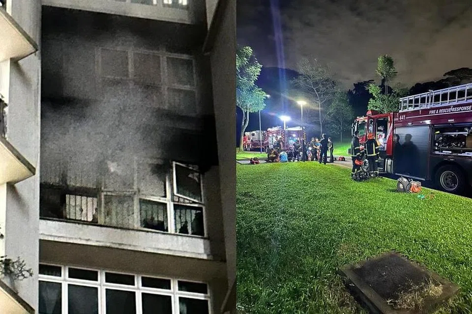 AWAL PAGI: Sebuah flat di Blok 392 Bukit Batok West Avenue 5 dilaporkan terbakar sekitar 3.45 pagi pada Jumaat (kiri), dan sebanyak tiga kereta  bomba dilihat di tempat kejadian (kanan).